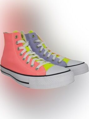 Converse White Sneakers with Neon Green and Pink Accents
